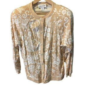 Cathy Daniels Tan White Patterned Buttoned Long Sleeve Cardigan Sweater Sz Large